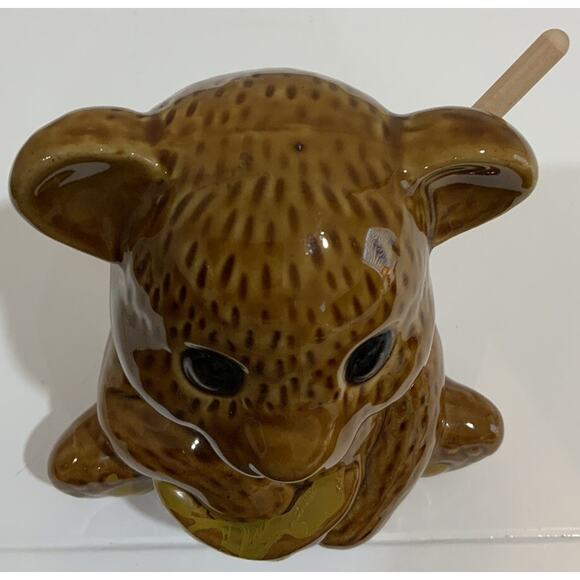 Vintage Ceramic Brown Teddy Bear Honey Pot Jar Made in Taiwan W/Dipstick - Picture 5 of 10